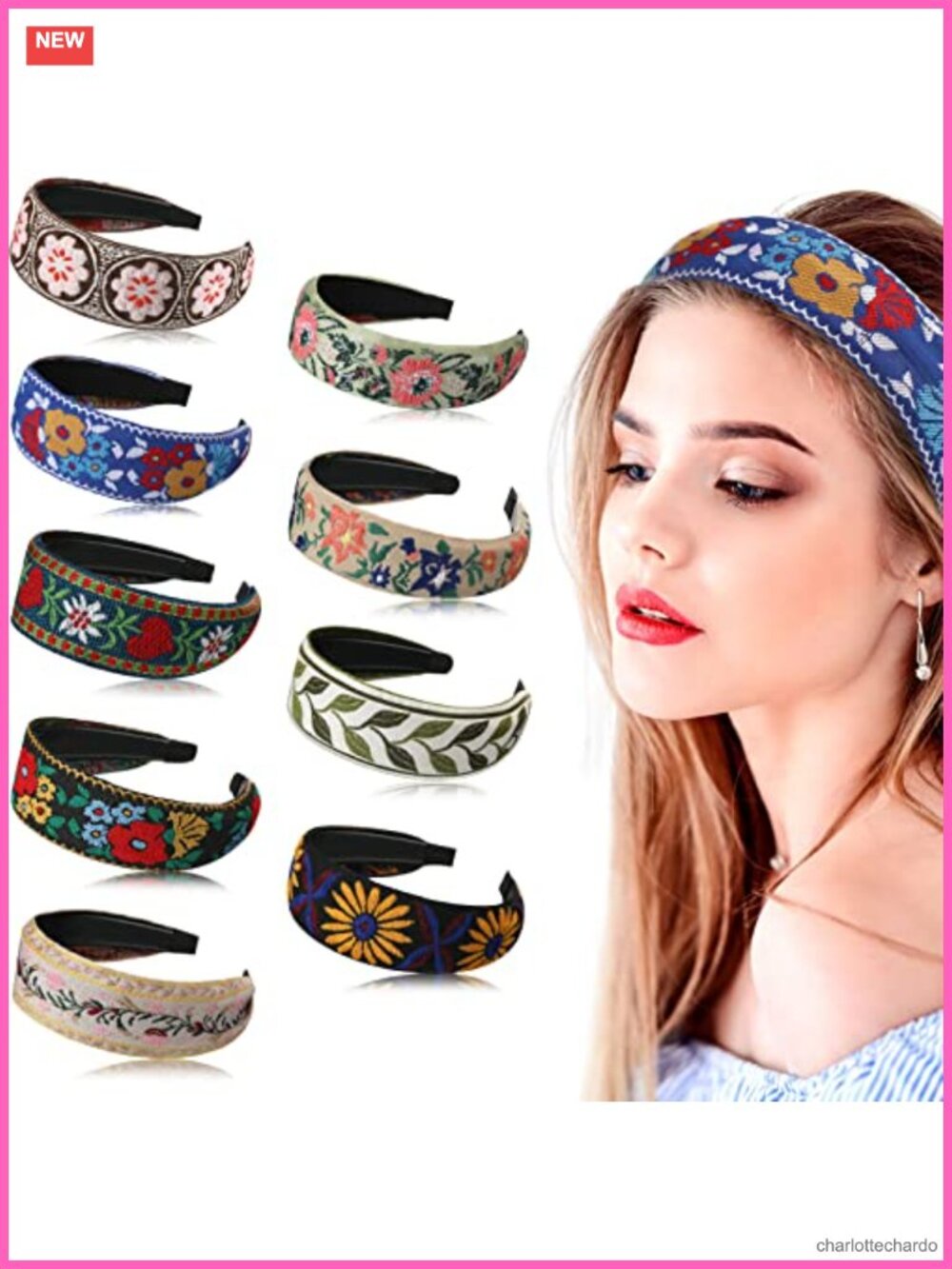 9 Pc Boho Wide Embroidered Headbands Fabric Plastic Floral Ethnic Hair